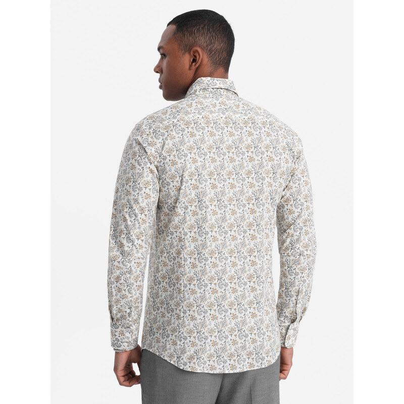 Ombre Clothing Pánská košile SLIM FIT s květinovým vzorem - béžová V2 OM-SHPS-0139