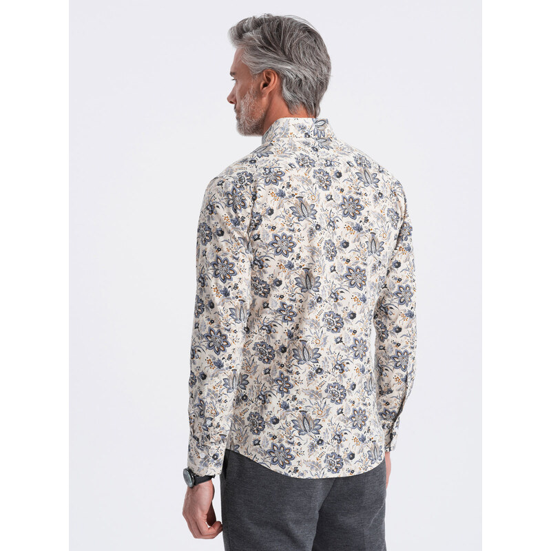 Ombre Clothing Pánská košile SLIM FIT s květinovým vzorem - béžová a šedá V1 OM-SHPS-0139