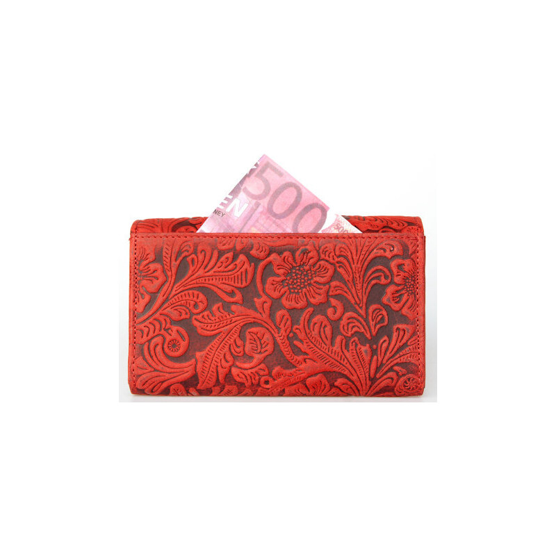 Kožená červená peněženka s ražbou s motivem květů a lístků s ochranou dat (RFID) FLW
