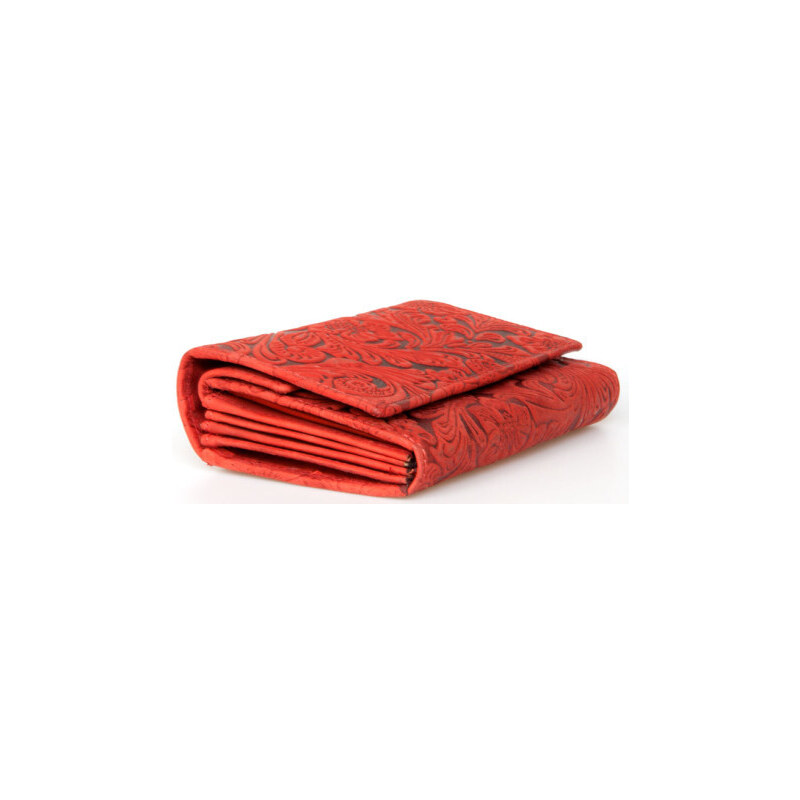 Kožená červená peněženka s ražbou s motivem květů a lístků s ochranou dat (RFID) FLW