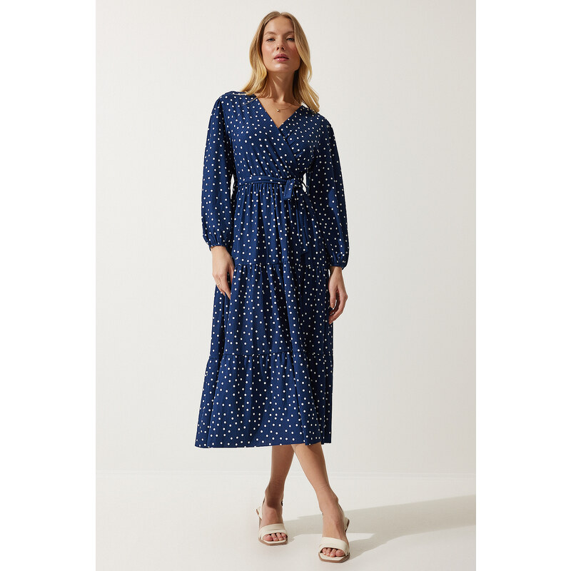 Happiness İstanbul Women's Navy Blue Wrapover Neck Polka Dot Knitted Dress