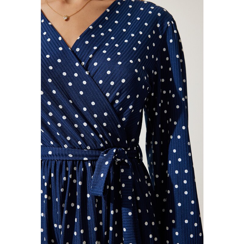 Happiness İstanbul Women's Navy Blue Wrapover Neck Polka Dot Knitted Dress