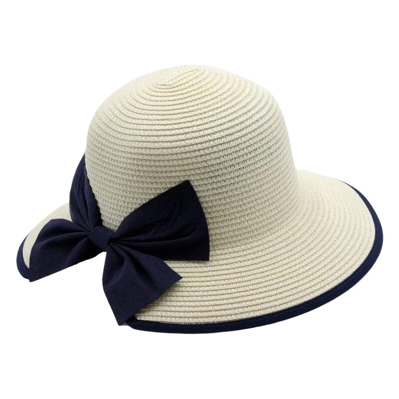 Marone Dámský letní klobouk Cloche - zkrácená krempa vzadu a modrá mašle