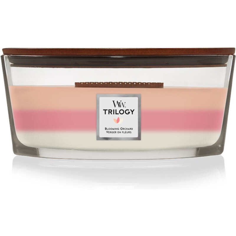 WoodWick vonná svíčka s dřevěným knotem Elipsa Trilogy Blooming Orchard 453,6 g