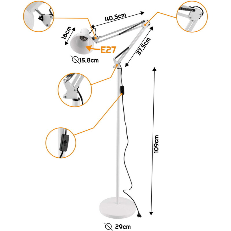 BERGE LED stojací lampa 1xE27 185cm bílá