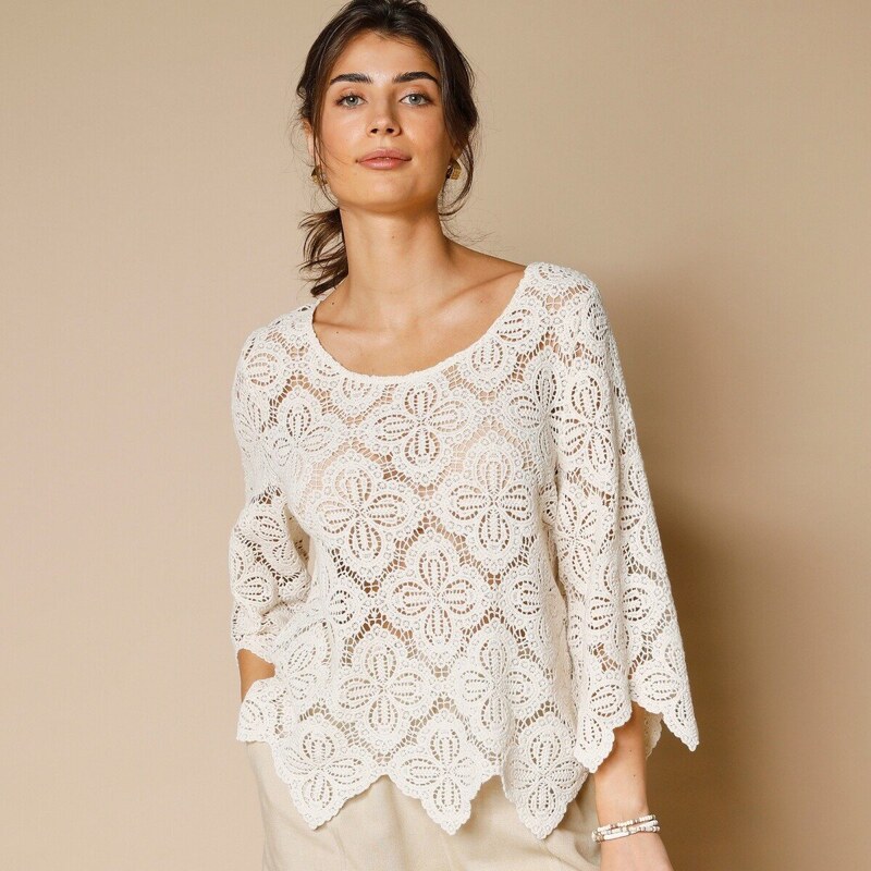 Blancheporte Macramé halenka s rozšířenými 7/8 rukávy režná