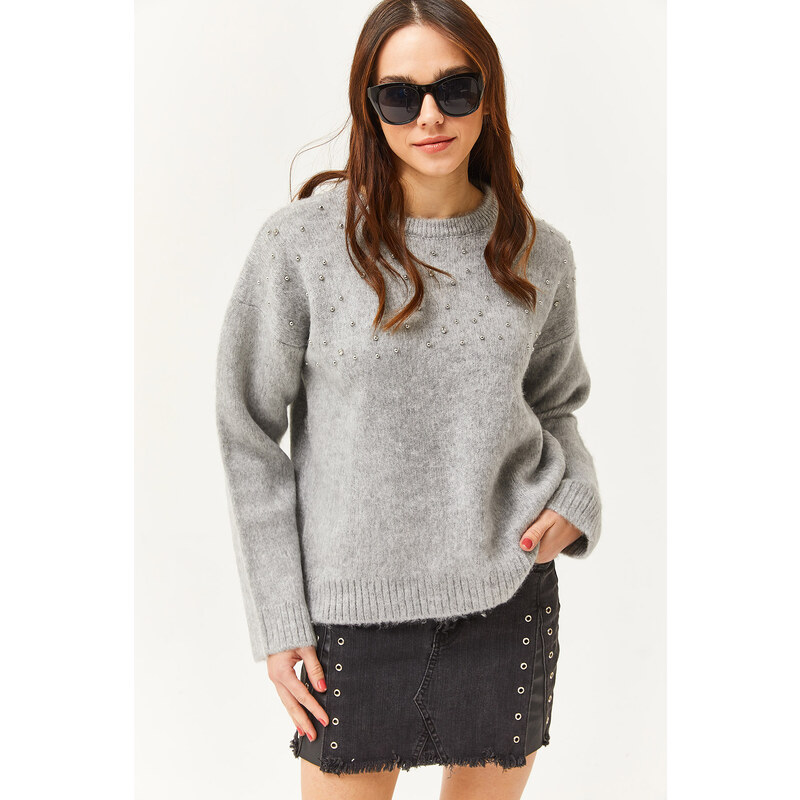 Olalook Women's Gray Stone Detailed Soft Textured Thick Knitwear Sweater