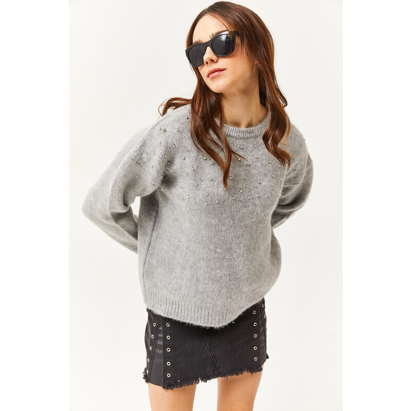 Olalook Women's Gray Stone Detailed Soft Textured Thick Knitwear Sweater