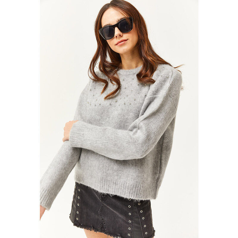 Olalook Women's Gray Stone Detailed Soft Textured Thick Knitwear Sweater