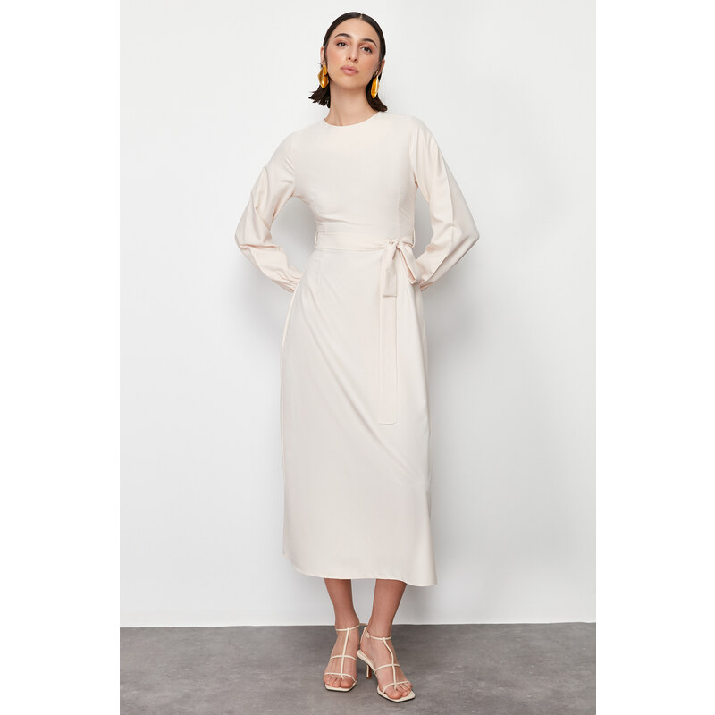 Trendyol Beige Cloak and Tie Detailed Satin Woven Dress