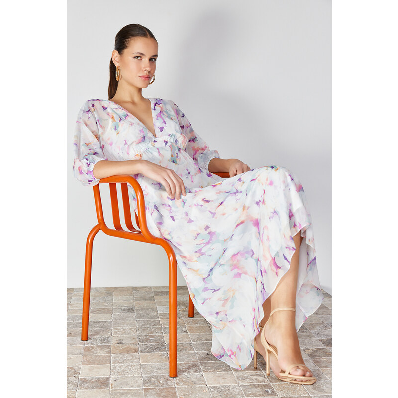 Trendyol Ecru Abstract Pattern A-Line Chiffon Lined Maxi Woven Dress