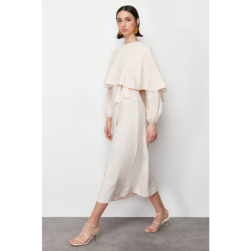 Trendyol Beige Cloak and Tie Detailed Satin Woven Dress