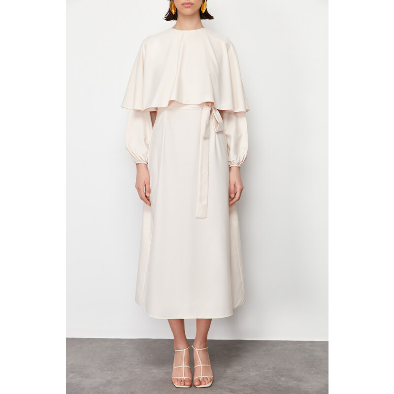 Trendyol Beige Cloak and Tie Detailed Satin Woven Dress