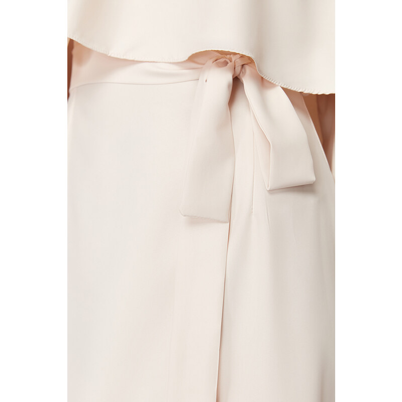 Trendyol Beige Cloak and Tie Detailed Satin Woven Dress