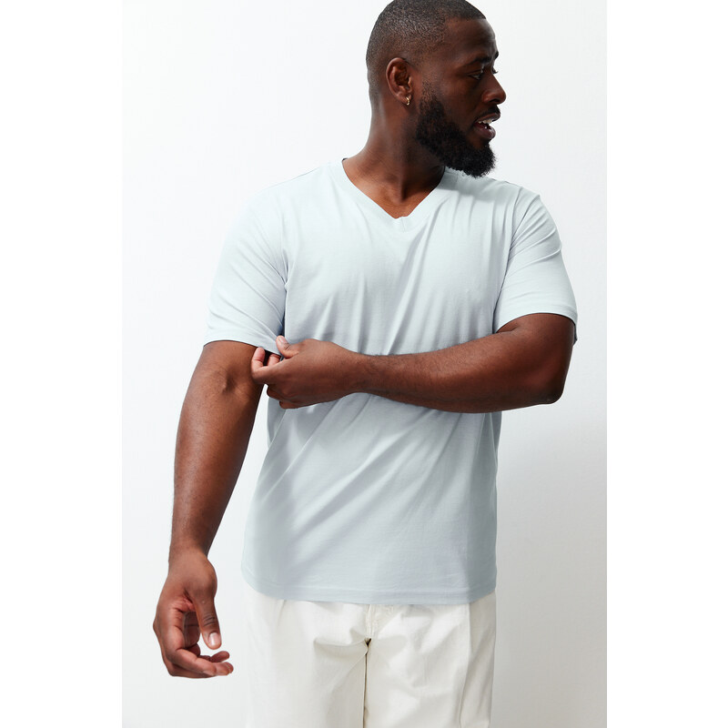 Trendyol Plus Size Light Blue Slim/Narrow Cut V-Neck 100% Cotton Comfortable T-Shirt