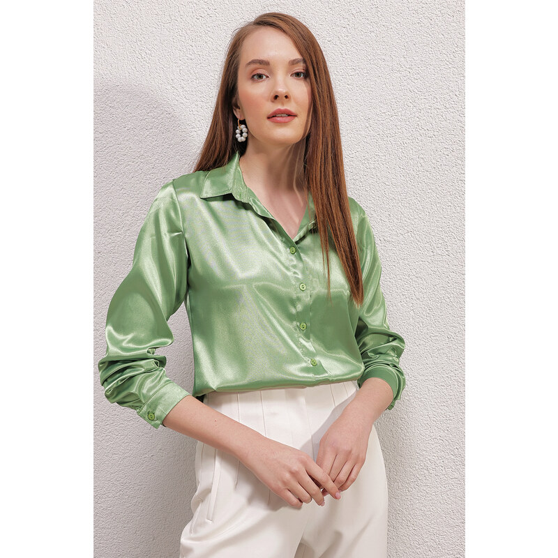 Bigdart 3964 Lightly Flowy Satin Shirt - Green