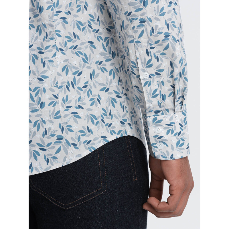 Ombre Clothing Pánská košile SLIM FIT s potiskem větviček - modrošedá V2 OM-SHPS-0163