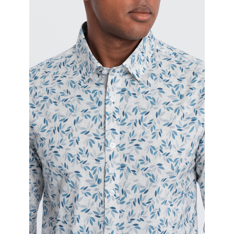 Ombre Clothing Pánská košile SLIM FIT s potiskem větviček - modrošedá V2 OM-SHPS-0163