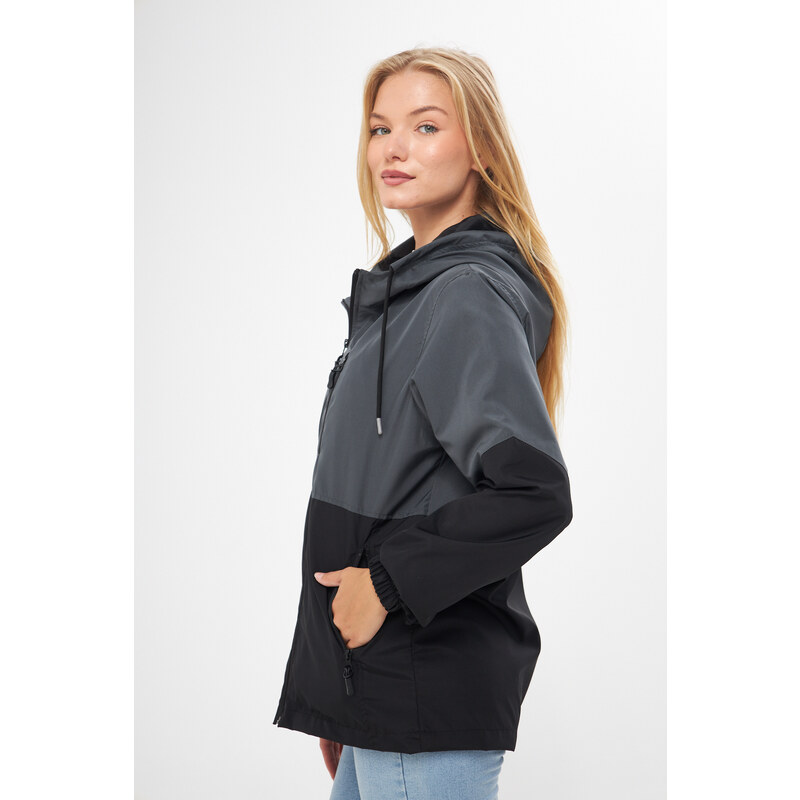 River Club Women's Anthracite-Black Two-tone, Inner Lined Water and Windproof Hooded Raincoat with Pocket.