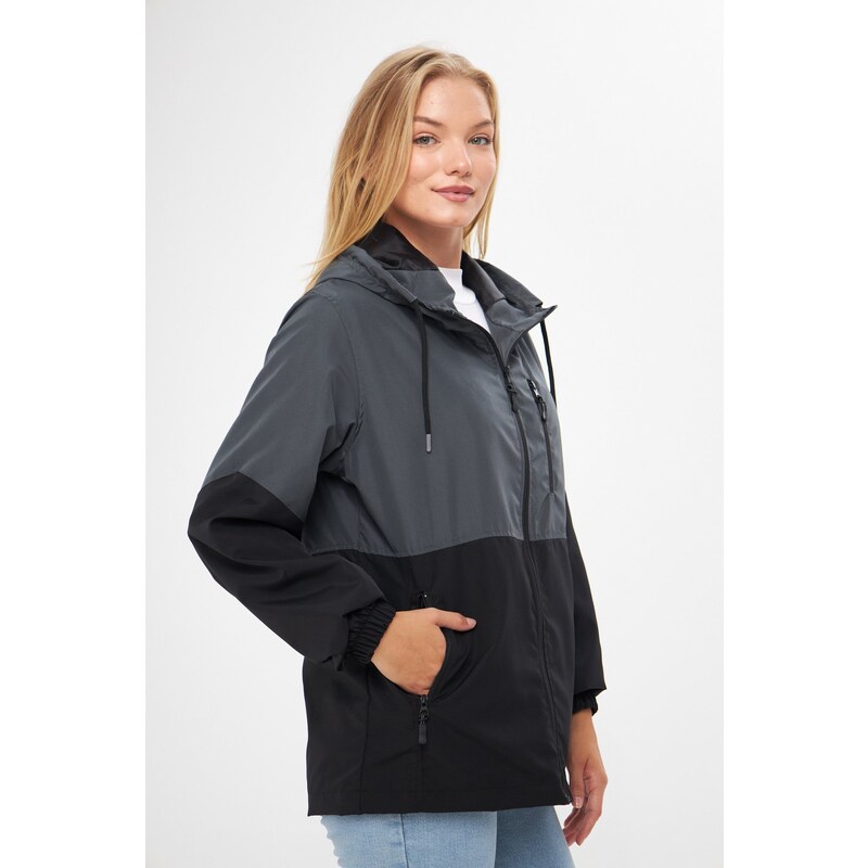 River Club Women's Anthracite-Black Two-tone, Inner Lined Water and Windproof Hooded Raincoat with Pocket.