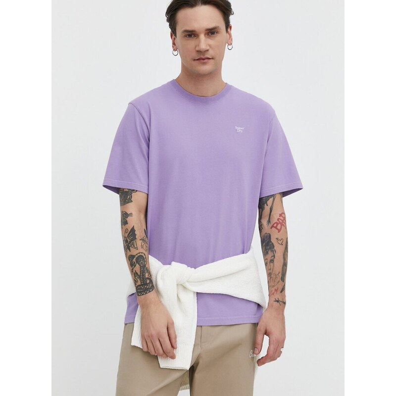 Bavlněné tričko Superdry fialová barva, s aplikací