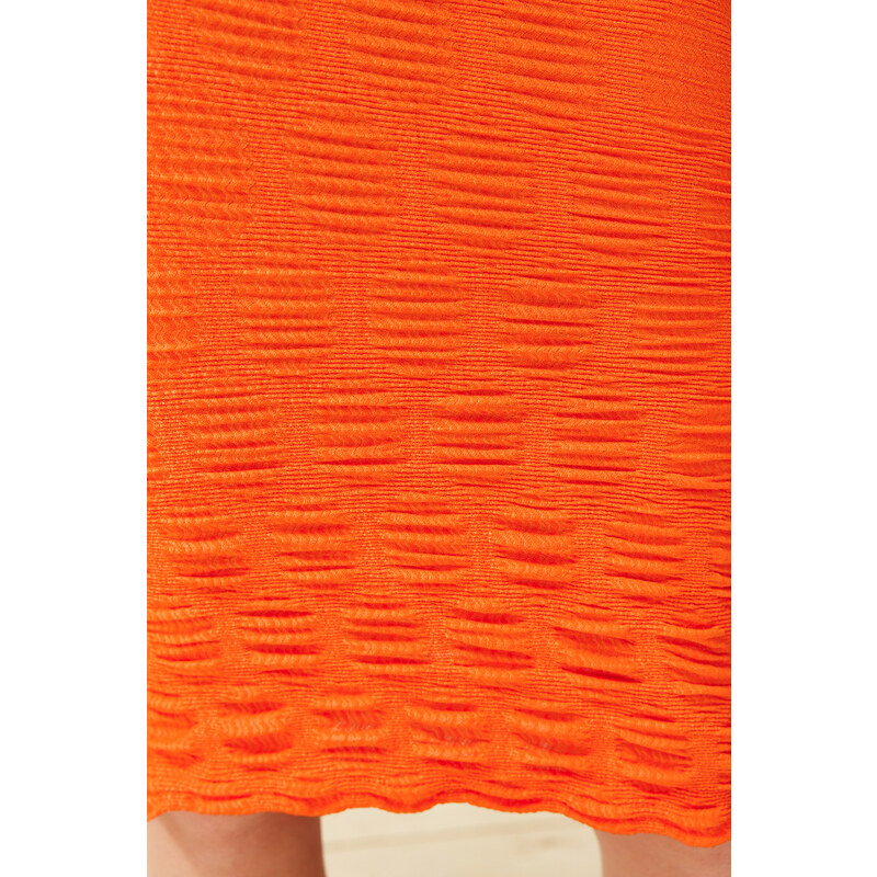 Trendyol Orange Body Fitted Moon Sleeve Mini Textured Flexible Knitted Mini Dress