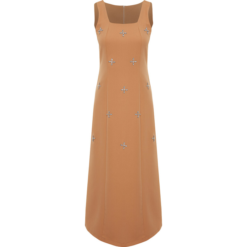 Trendyol Camel Stone Embroidery Detailed Square Neck Woven Gilet Dress