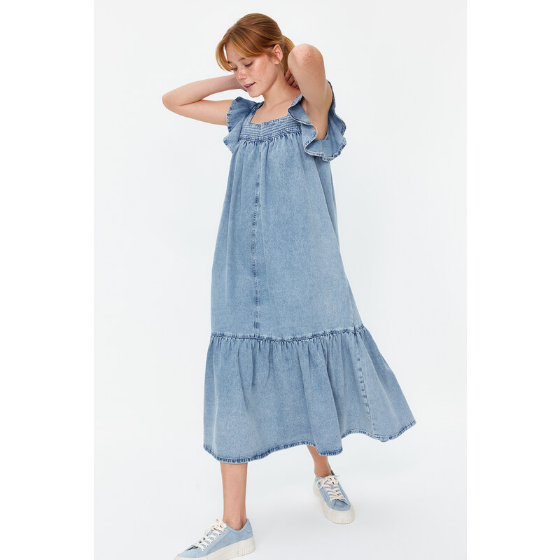 Trendyol Light Blue Ruffle Oversize Maxi Denim Dress