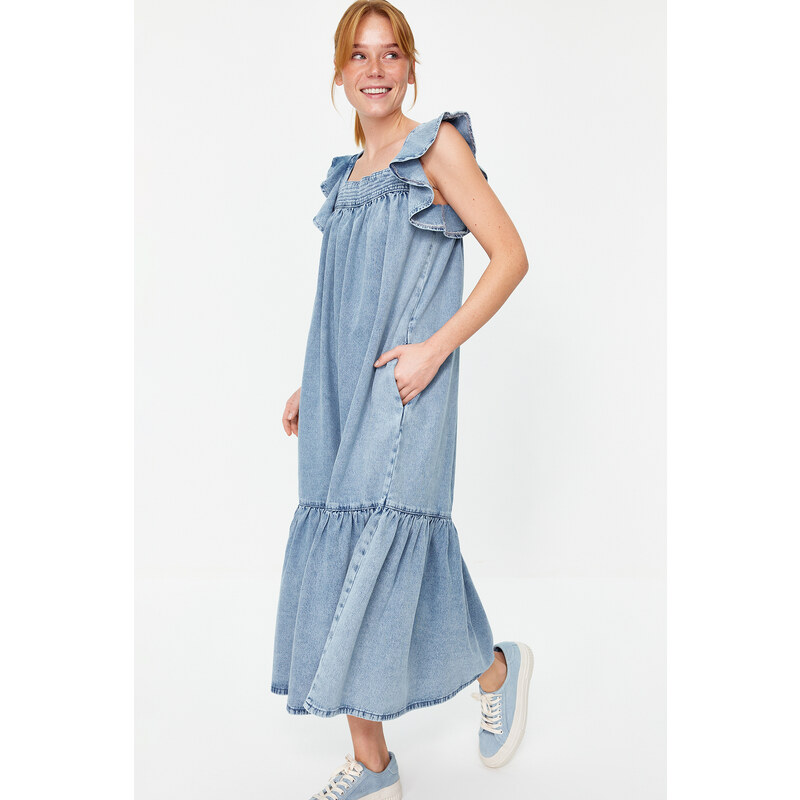 Trendyol Light Blue Ruffle Oversize Maxi Denim Dress
