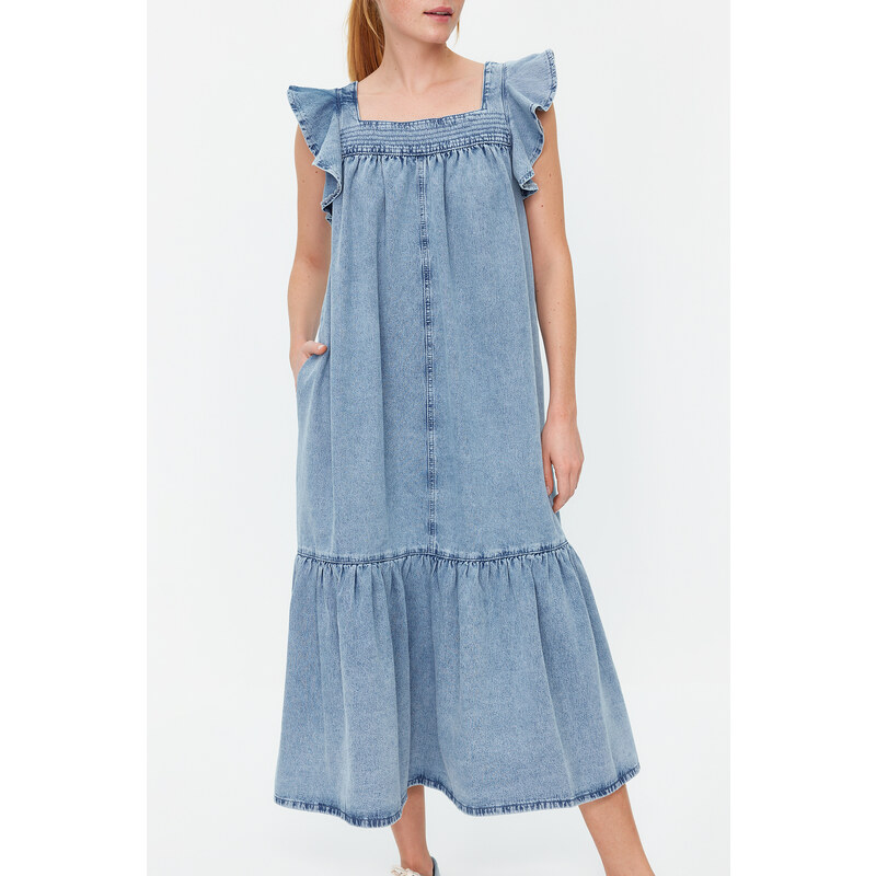 Trendyol Light Blue Ruffle Oversize Maxi Denim Dress