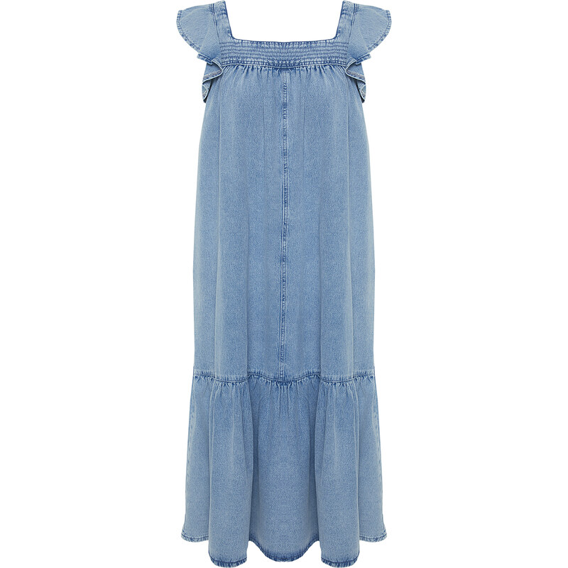 Trendyol Light Blue Ruffle Oversize Maxi Denim Dress