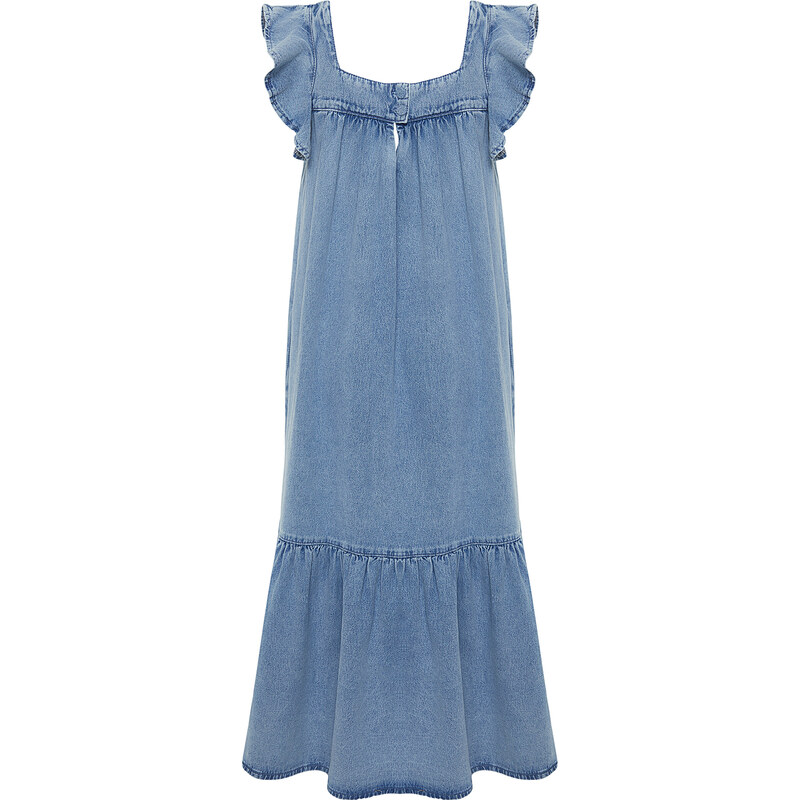 Trendyol Light Blue Ruffle Oversize Maxi Denim Dress