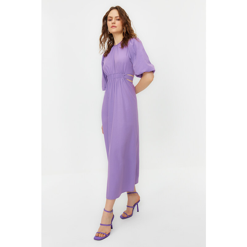 Trendyol Lilac Balloon Sleeve Cut Out Detail Cotton Woven Dress