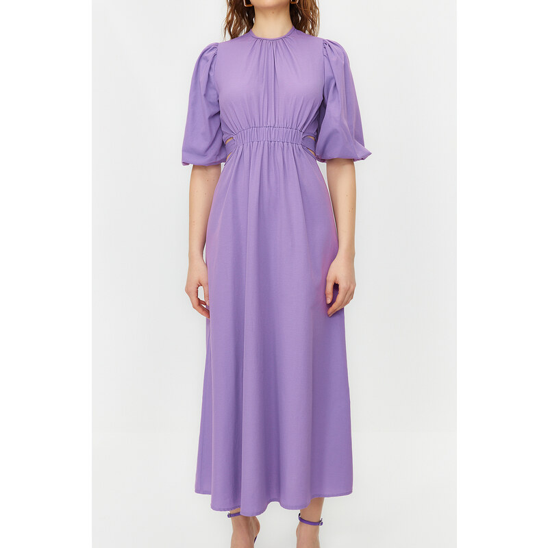 Trendyol Lilac Balloon Sleeve Cut Out Detail Cotton Woven Dress