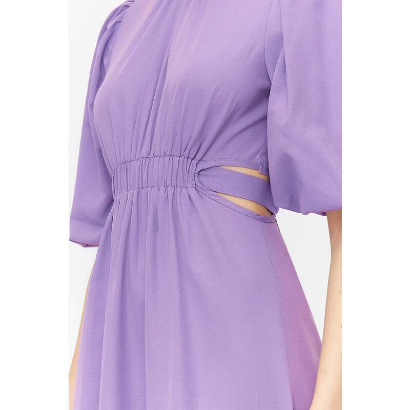 Trendyol Lilac Balloon Sleeve Cut Out Detail Cotton Woven Dress