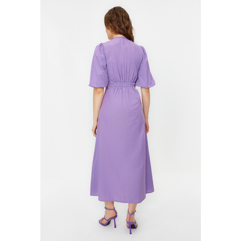 Trendyol Lilac Balloon Sleeve Cut Out Detail Cotton Woven Dress