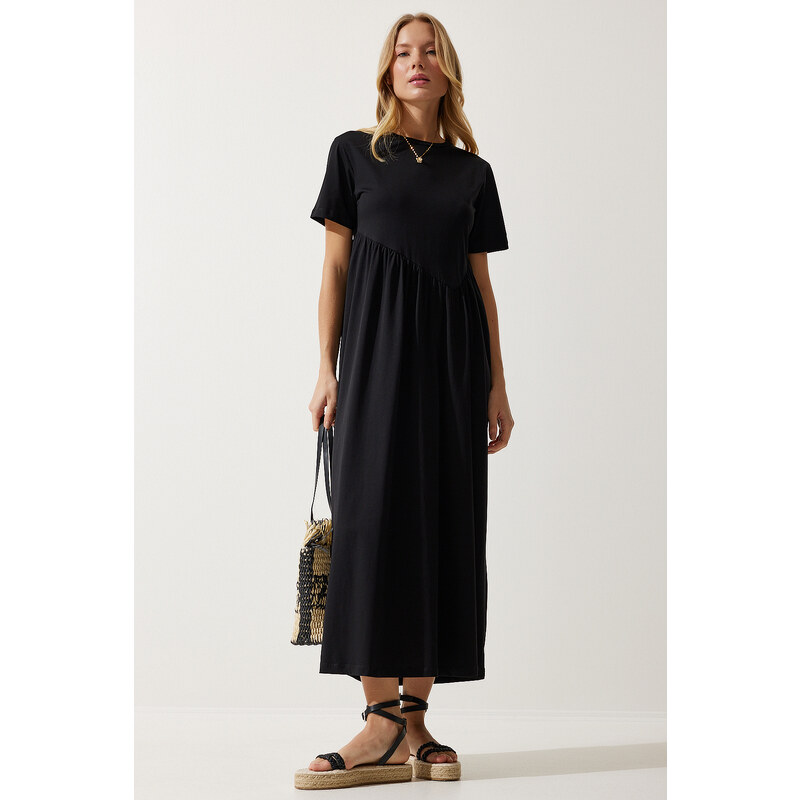 Happiness İstanbul Women's Black Gathered Long Knitted Dress