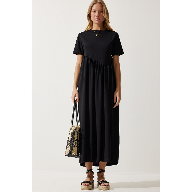 Happiness İstanbul Women's Black Gathered Long Knitted Dress