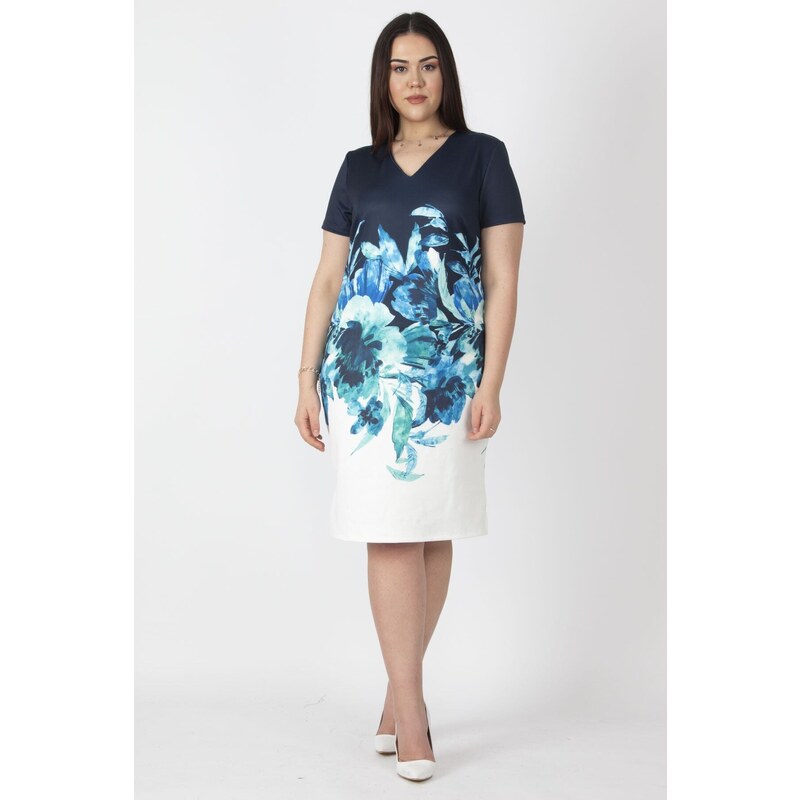 Şans Women's Plus Size Navy Blue Floral Pattern Dress