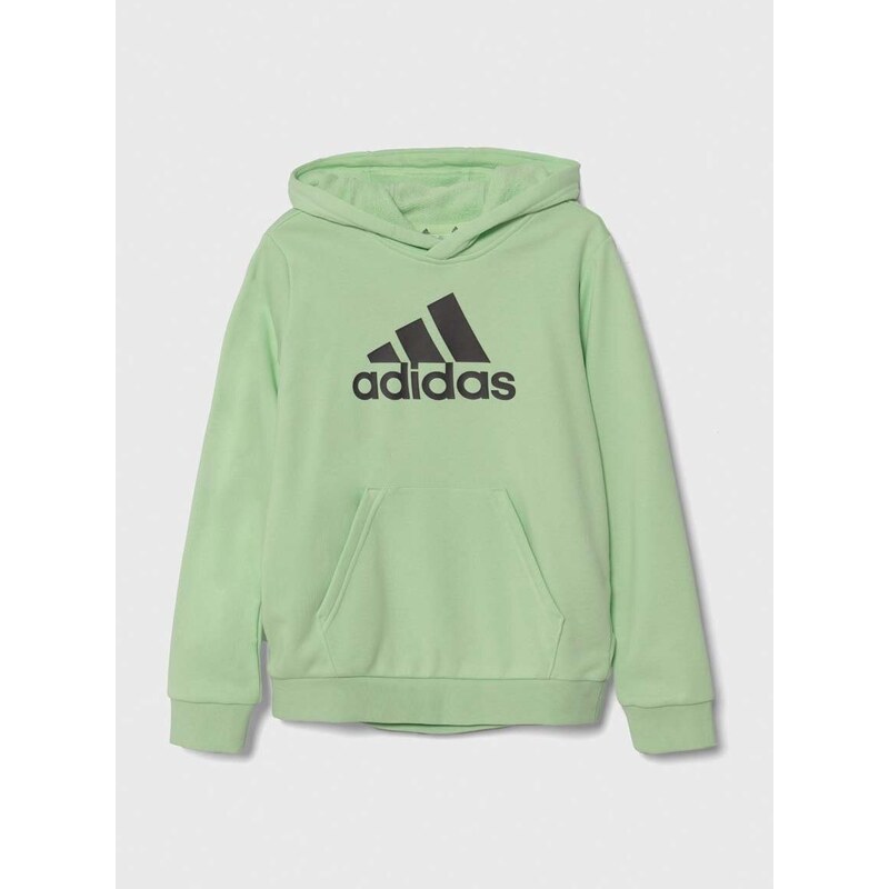 Dětská mikina adidas zelená barva, s kapucí, s potiskem