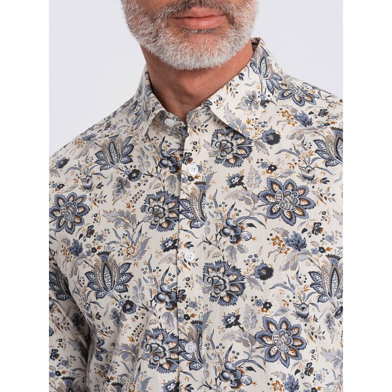 Ombre Clothing Béžovo šedá košile s květinovým vzorem V1 SHPS-0139