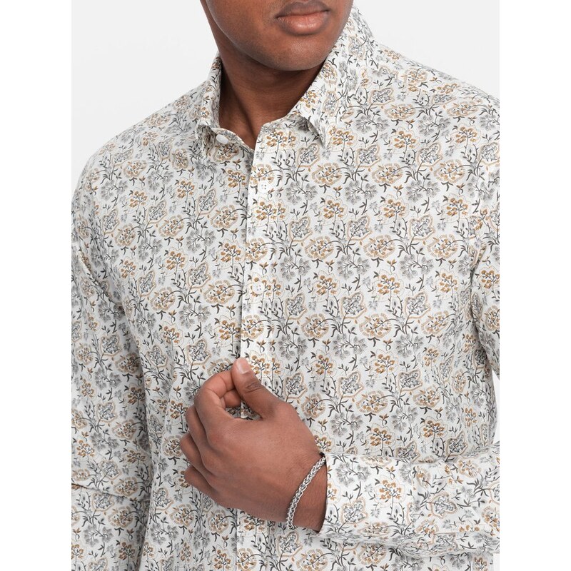 Ombre Clothing Béžová košile s květinovým vzorem V2 SHPS-0139