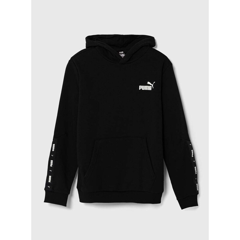 Dětská mikina Puma ESS Tape Hoodie TR černá barva, s kapucí, s potiskem