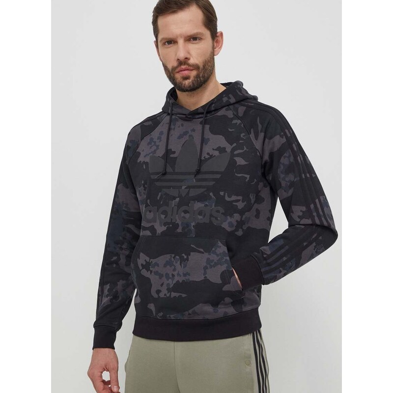 Mikina adidas Originals pánská, černá barva, s kapucí, vzorovaná, IS2898