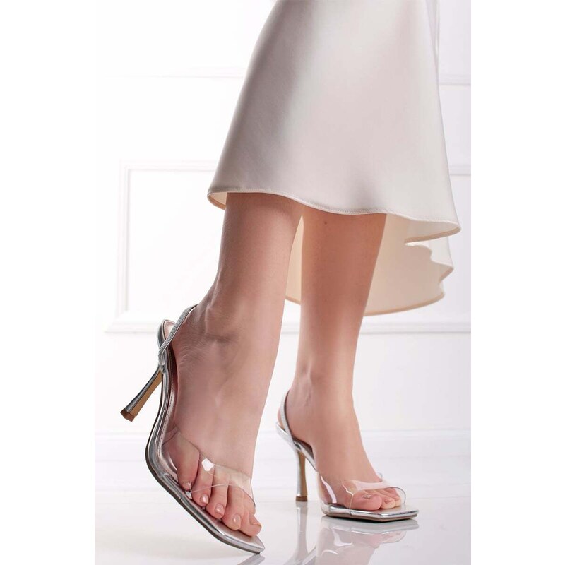 Givana Stříbrno-transparentní sandály na tenkém podpatku Nelly