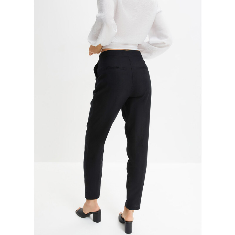 bonprix Zkrácené lněné kalhoty s vysokým pasem a elastickou vsadkou Černá