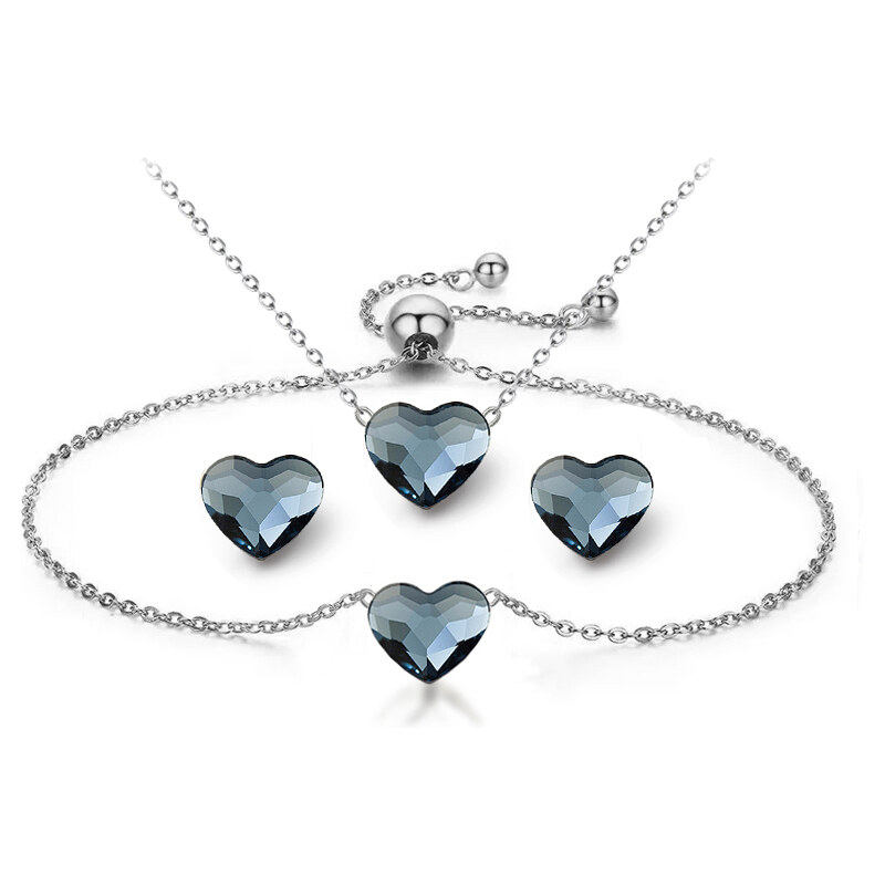 Jewellis ČR Jewellis ocelová 3-dílná sada - náhrdelník, náramek a náušnice Flatback Heart s krystaly ve tvaru srdce Swarovski - Denim Blue