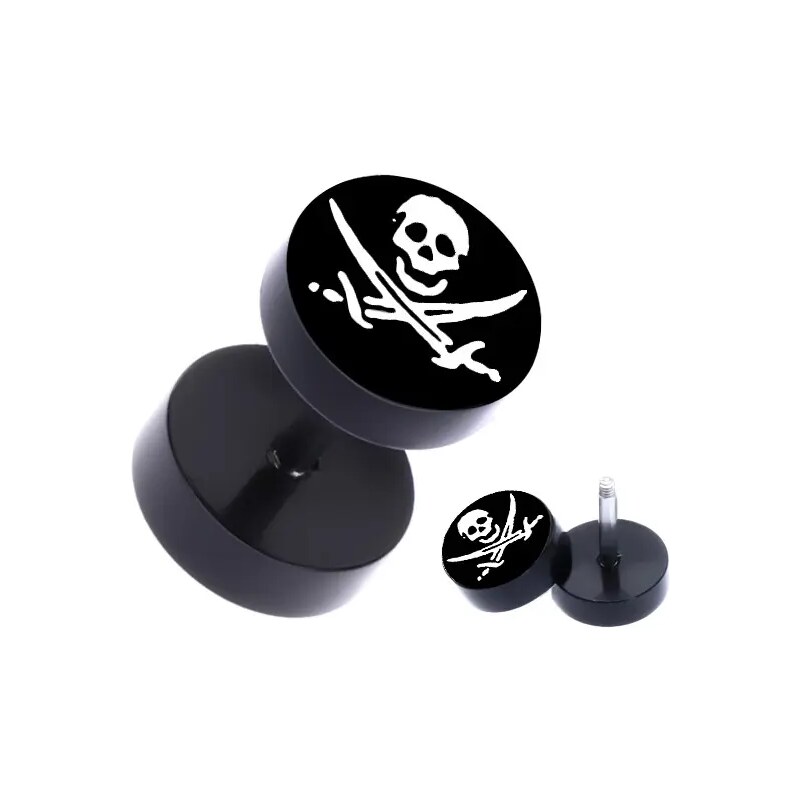 Šperky Eshop - Falešný ocelový piercing do ucha - pirátský motiv, černý PC36.15