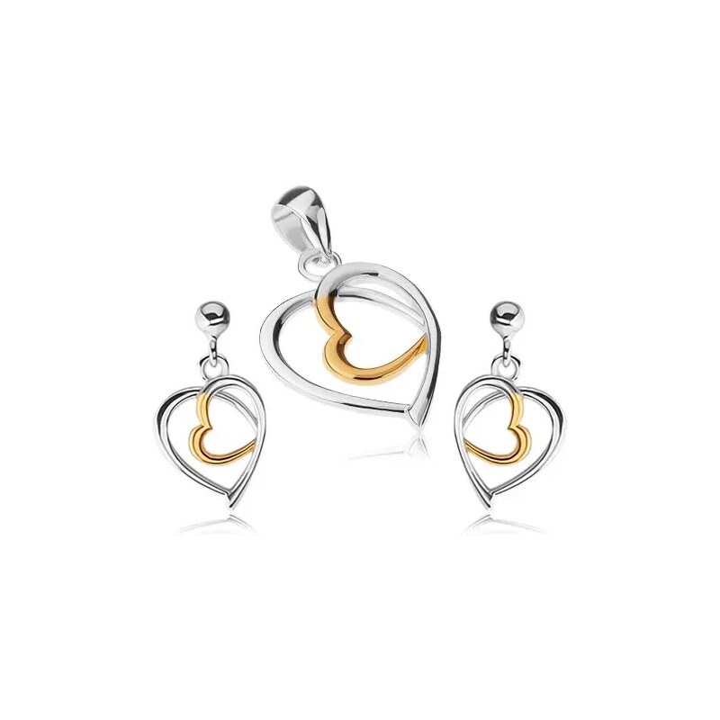 Šperky Eshop - Sada ze stříbra 925 - přívěsek a náušnice, kontury srdcí, zlatá a stříbrná barva SP48.16
