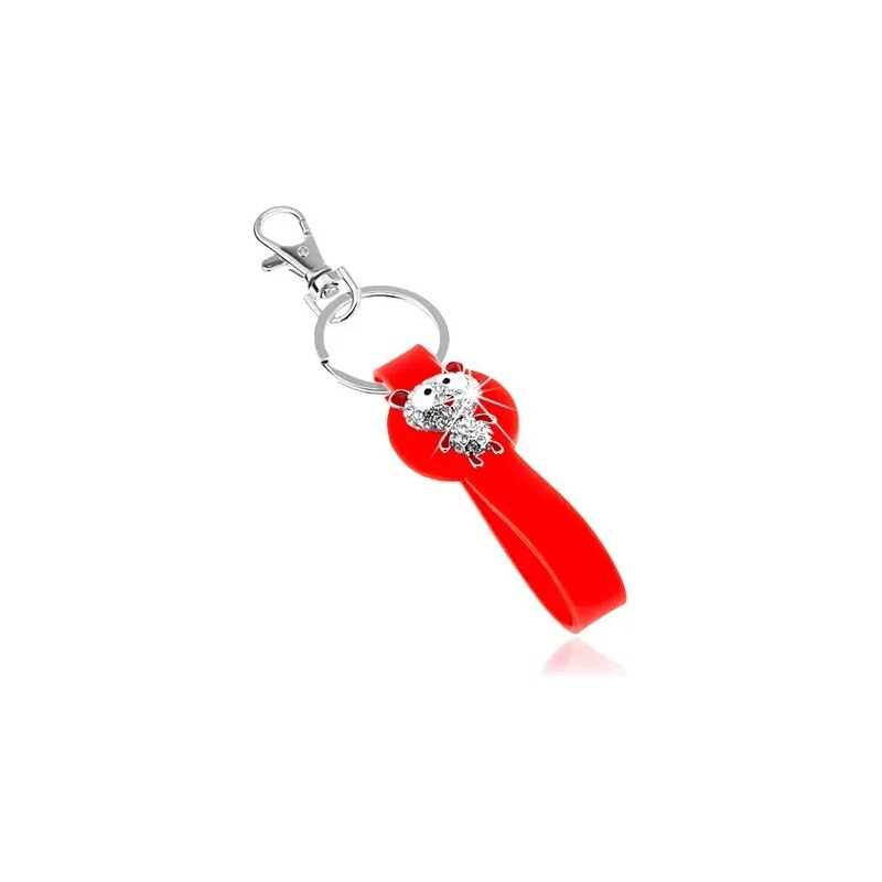 Šperky Eshop - Klíčenka se silikonovým přívěskem červené barvy, zirkonový medvídek SP65.09